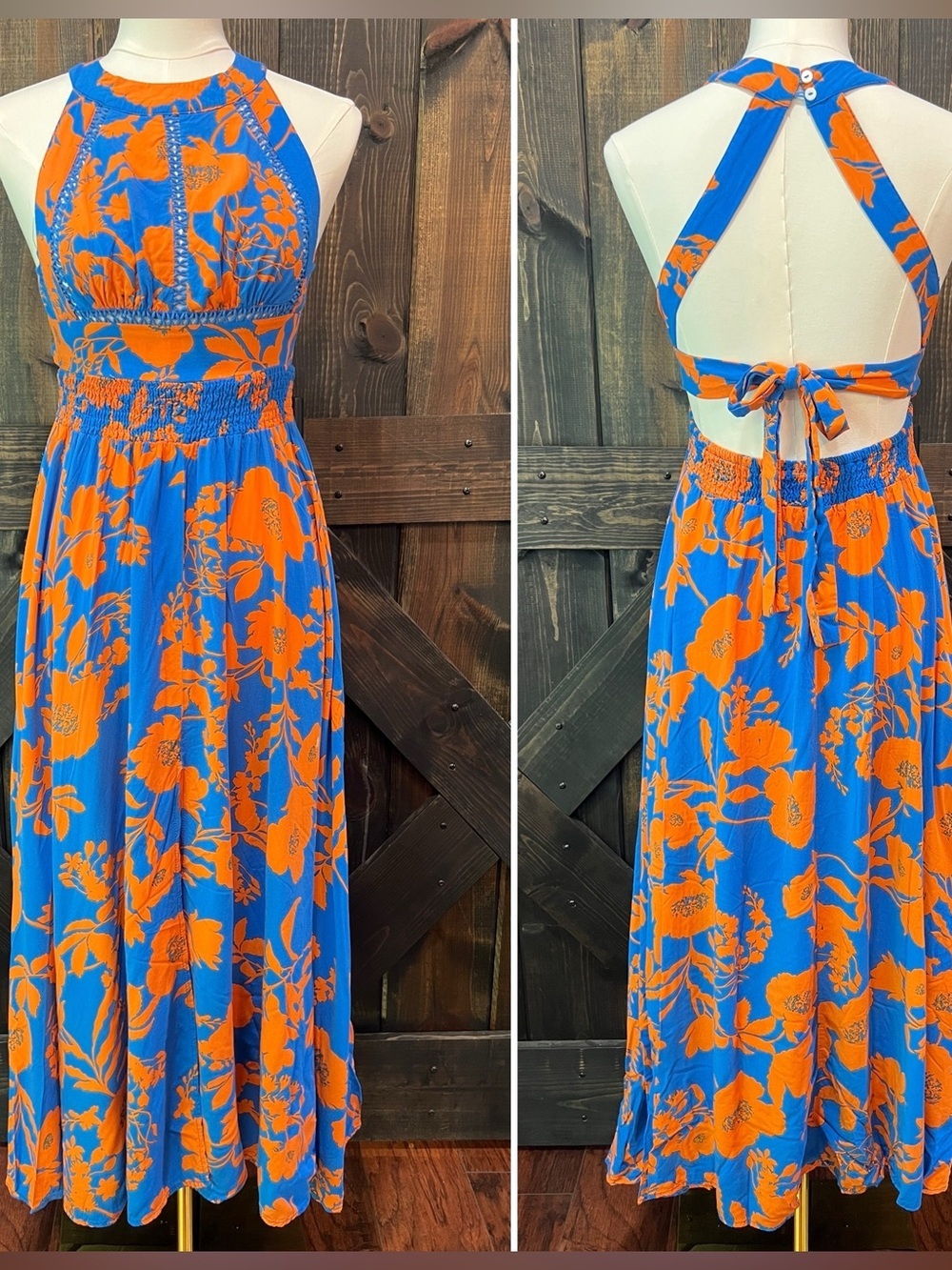 Anthropologie Abel The Label Open Back Floral Maxi Dress XS Blue Tropical Boho